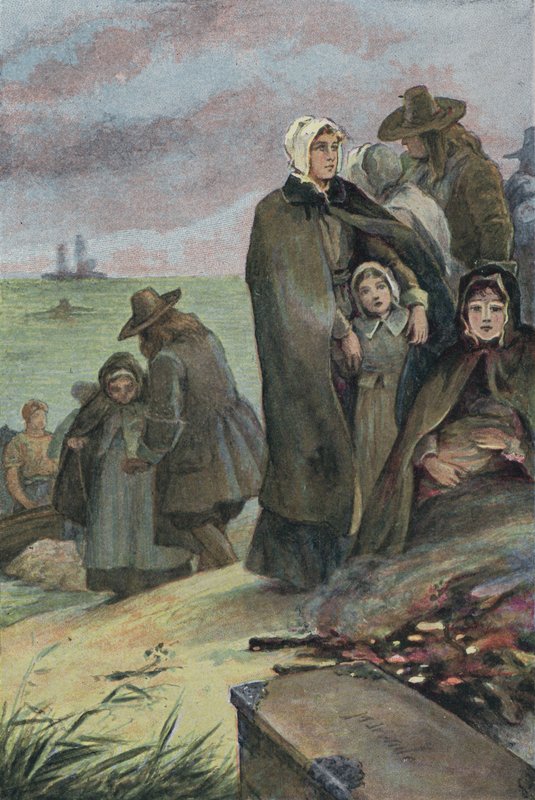 Lądowanie Ojców Pielgrzymów w Ameryce po ich podróży na pokładzie Mayflower, 1620 autorstwa English School