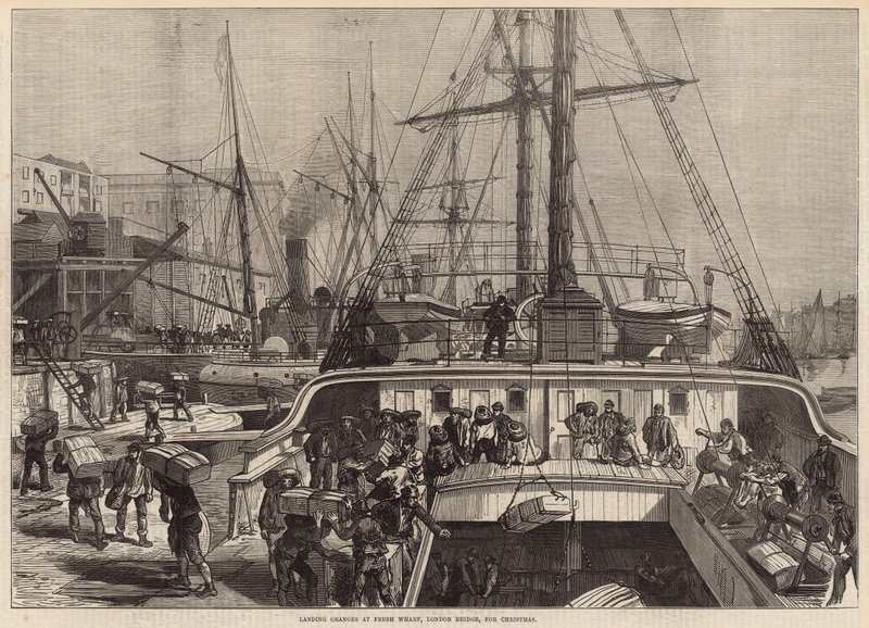 Lądowanie pomarańczy w Fresh Wharf, London Bridge, na Boże Narodzenie autorstwa English School
