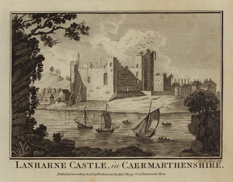 Zamek Laugharne w Carmarthenshire (grawerowanie) autorstwa English School