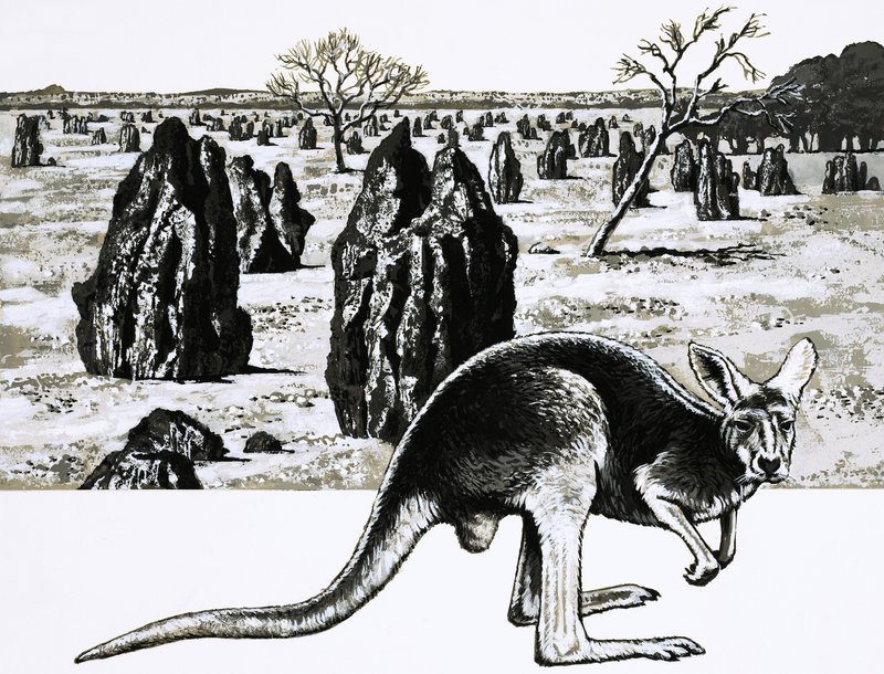 Duże kopce termitów w pobliżu Darwin w Australii, a na pierwszym planie kangur autorstwa English School