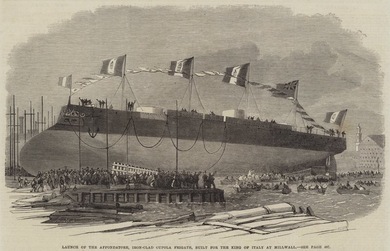Uruchomienie Affondatore, żelaznej fregaty z kopułą, zbudowanej dla króla Włoch w Millwall, 1865 autorstwa English School