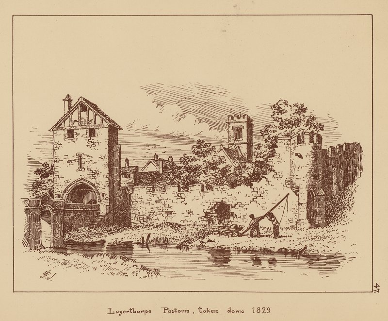 Layerthorpe Postern, rozebrana w 1829 r. (litografia) autorstwa English School