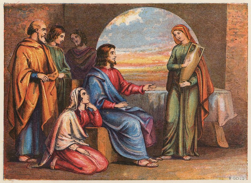 Łazarz i jego siostry (kolorowa litografia) autorstwa English School