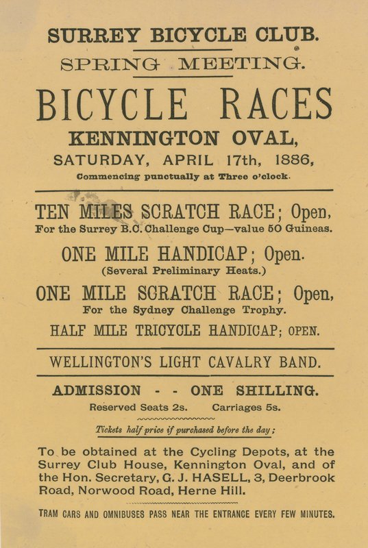 Ulotka reklamująca wyścigi rowerowe w Kennington Oval, 17 kwietnia 1886 r. autorstwa English School