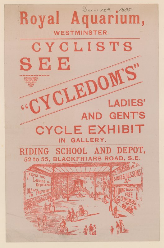 Ulotka reklamująca wystawę Cycledoms Ladies and Gents Cycle w Królewskim Akwarium autorstwa English School