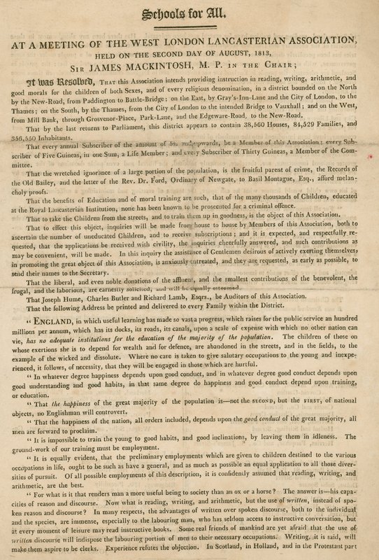 Ulotka wyjaśniająca rezolucję West London Lancasterian Association, aby rozpocząć nauczanie dzieci, sierpień 1813 r autorstwa English School