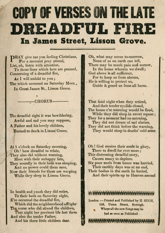 Ulotka z wierszem odnoszącym się do pożaru na James Street, Lisson Grove, Londyn autorstwa English School