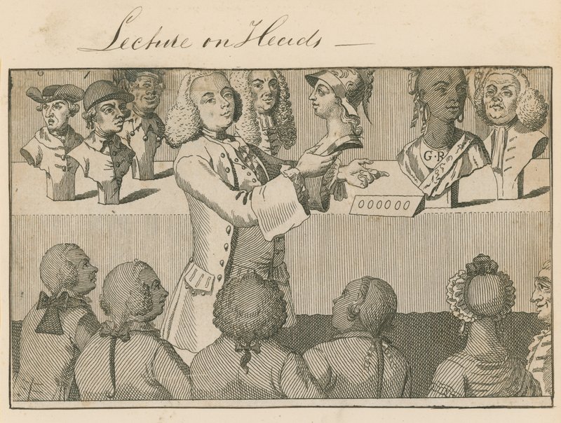 Wykład na temat głów, w Long Room, naprzeciwko Sadlers Wells, 20 czerwca 1765 r. autorstwa English School
