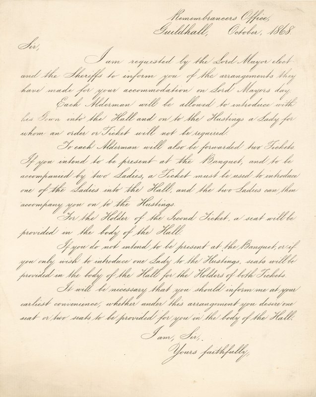 List zawierający szczegółowe ustalenia dotyczące bankietu w Guildhall w Londynie, 9 listopada 1868 r autorstwa English School