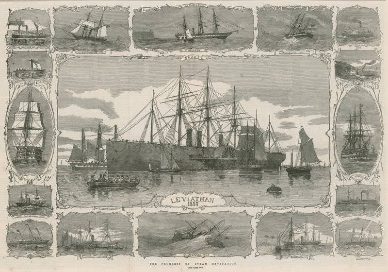 Lewiatan 1858; montaż obrazów pokazujących postępy nawigowania parowego autorstwa English School