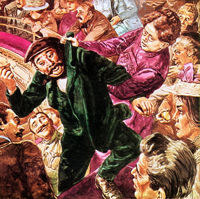 Lilian Baylis wyrzucająca pijaka z galerii swojej ukochanej Old Vic autorstwa English School