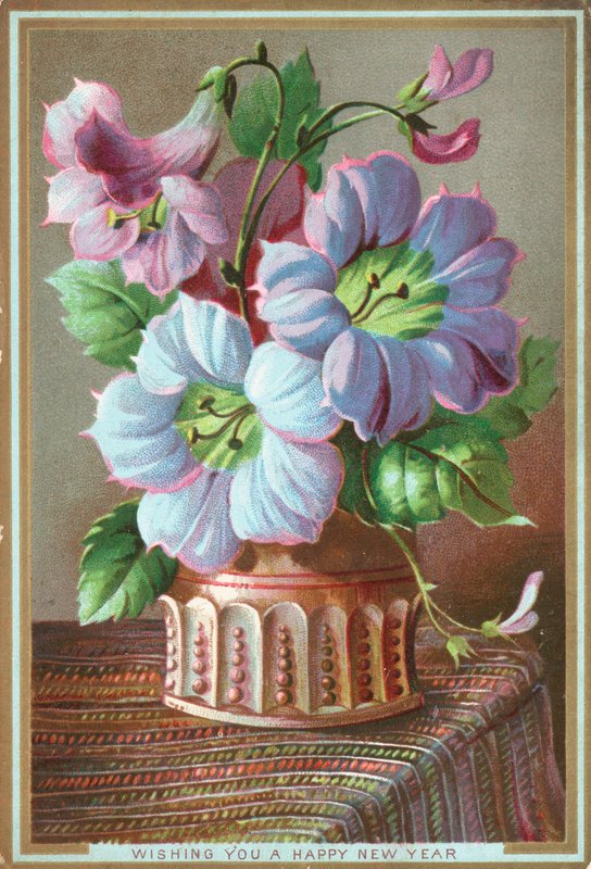 Lilie w wazonie, kartka noworoczna (chromolitho) autorstwa English School