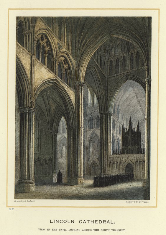 Katedra w Lincoln, widok w nawie głównej, patrząc przez północny transept autorstwa English School