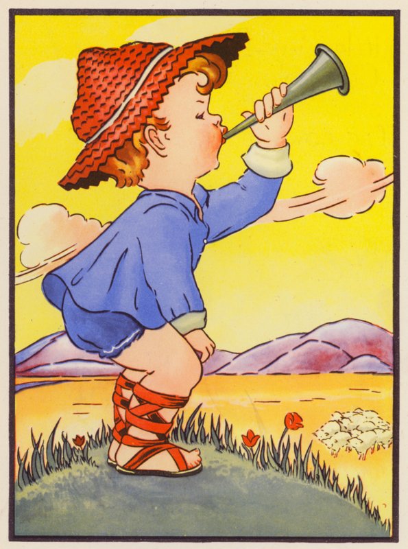 "Little Boy Blue, come blow your horn" (kolorowa litografia) autorstwa English School