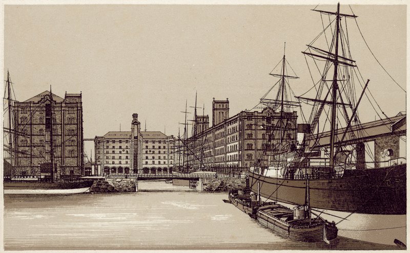Liverpool: Waterloo Dock i magazyny zboża (litografia) autorstwa English School