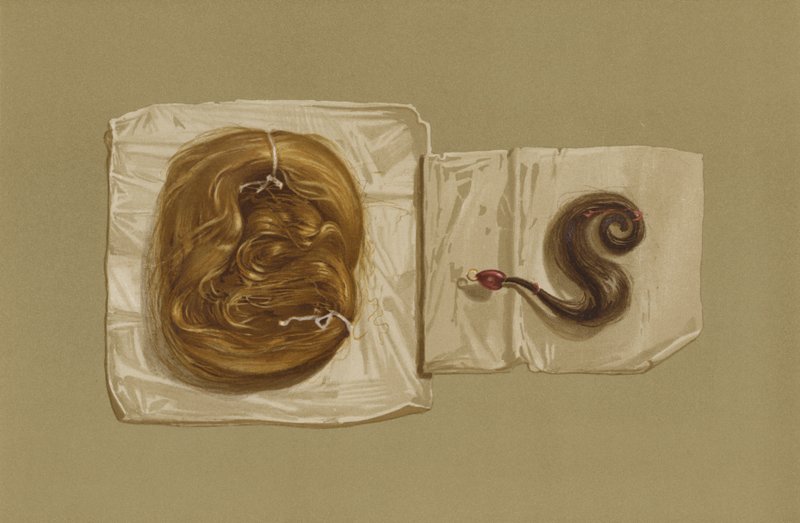 Kosmyk z włosów Marii Królowej Szkotów, Kosmyk z włosów króla Karola I (chromolitho) autorstwa English School