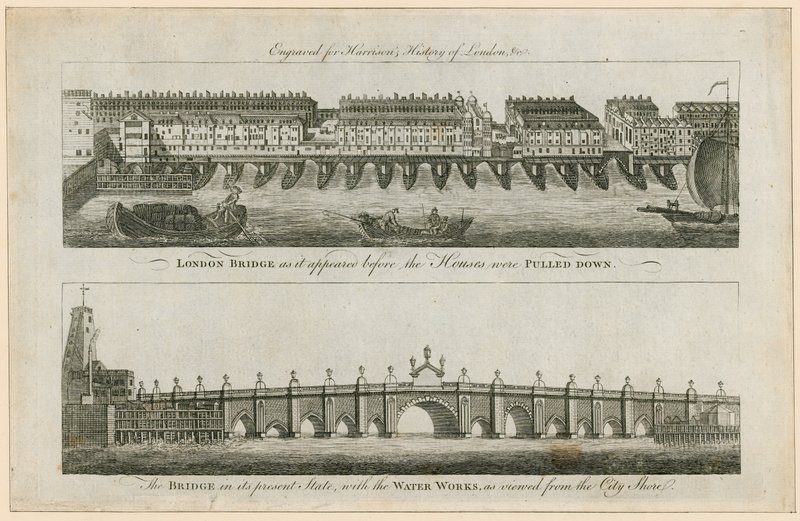 London Bridge, zanim Domy zostały zburzone, i w obecnym stanie autorstwa English School