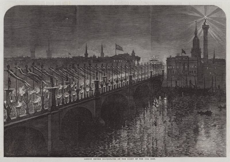 London Bridge oświetlony w noc 10. miesiąca (rycina) autorstwa English School