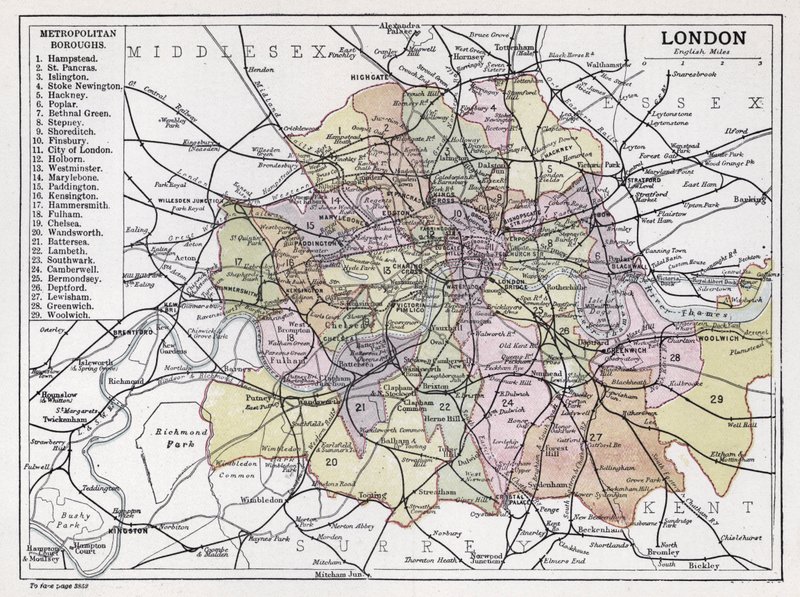 Londyn, Metropolitan Boroughs (kolor lito) autorstwa English School