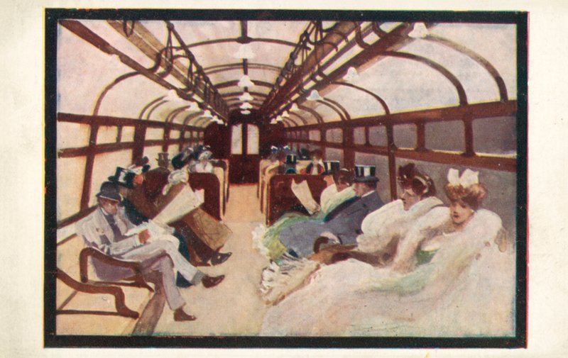 Pasażerowie londyńskiego metra na liniach Bakerloo i Piccadilly (kolorowa litografia) autorstwa English School