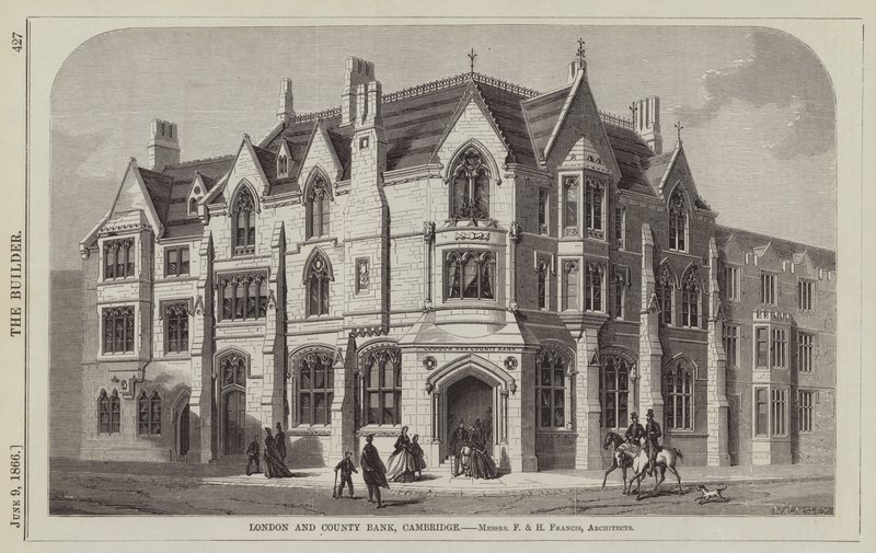 London and County Bank, Cambridge, panowie F i H Francis, architekci (grawerowanie) autorstwa English School