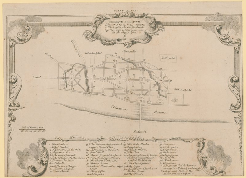 Odrestaurowany Londyn, plan Sir John Evelyns dotyczący odbudowy londyńskiego City po pożarze w 1666 r autorstwa English School