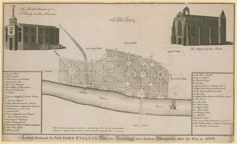 Odrestaurowany Londyn, czyli plan Sir John Evelyns dotyczący odbudowy tej starożytnej metropolii po pożarze w 1666 r. autorstwa English School