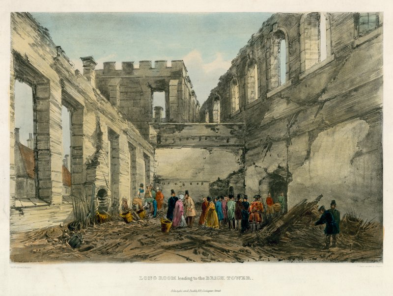 Długi pokój prowadzący do Brick Tower, Tower of London Fire, 1841 autorstwa English School