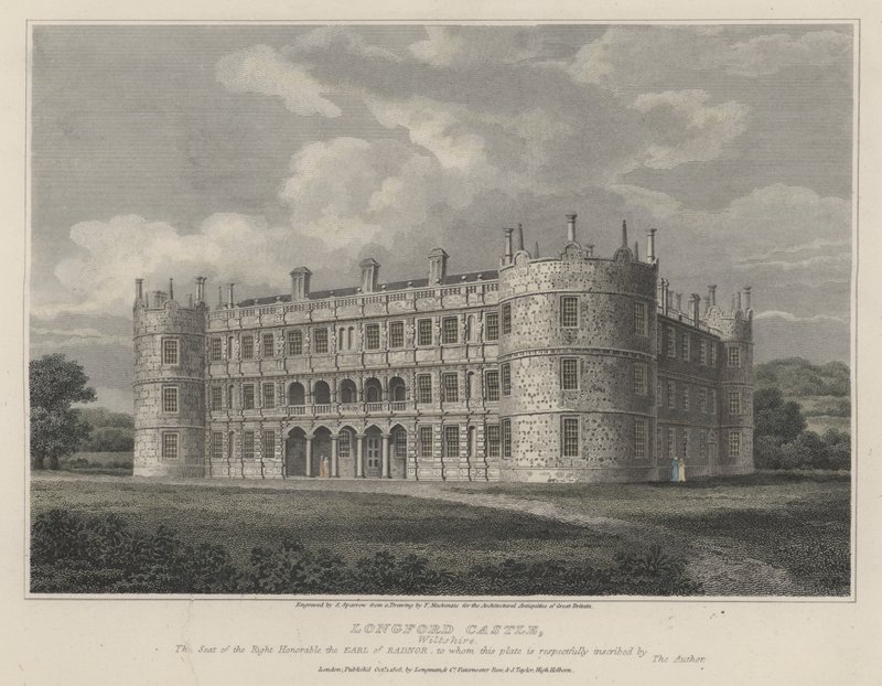 Zamek Longford, Wiltshire, siedziba hrabiego Radnor (kolorowy grawerunek) autorstwa English School