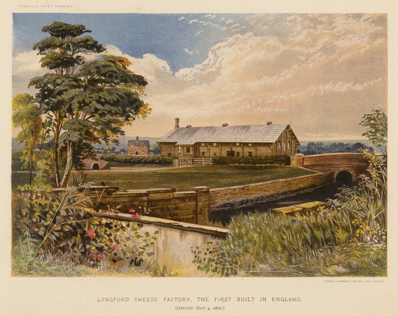 Longford Cheese Factory, pierwsza fabryka sera zbudowana w Anglii, otwarta 4 maja 1870 r. (kolorowa litografia) autorstwa English School
