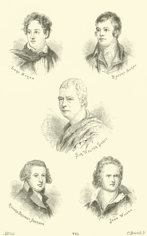 Lord Byron, Robert Burns, Sir Walter Scott, Richard Brinsley Sheridan, John Wilson autorstwa English School