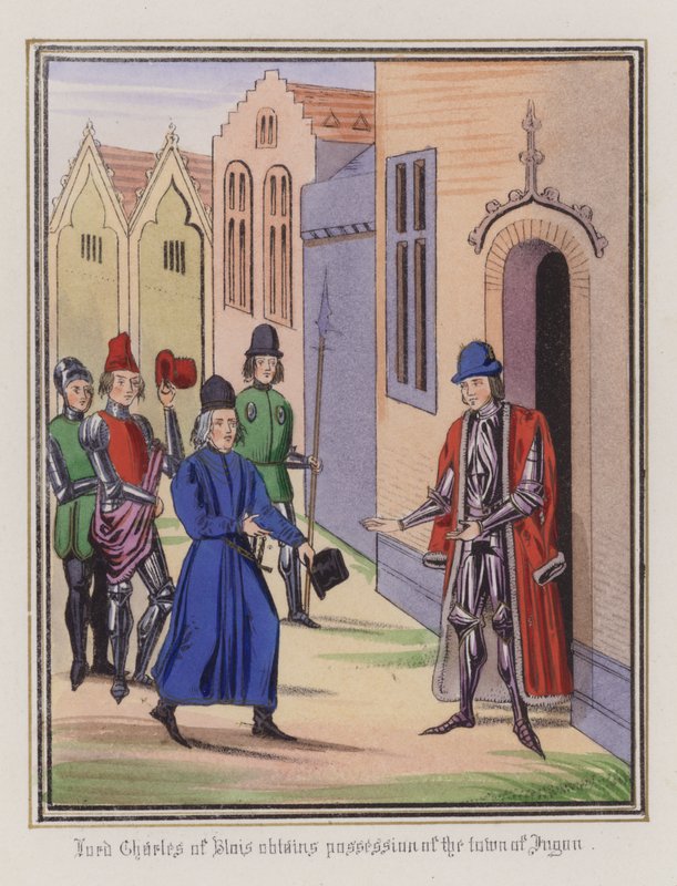 Lord Charles Of Blois przejmuje miasto Jugon (kolorowy grawerunek) autorstwa English School