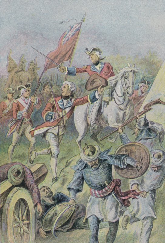 Lord Clive dowodzący Brytyjczykami w bitwie pod Plassey, Indie, 1757 autorstwa English School