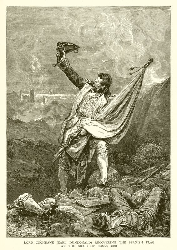 Lord Cochrane (Earl Dundonald) odzyskujący hiszpańską flagę podczas oblężenia Rosas, 1808 autorstwa English School