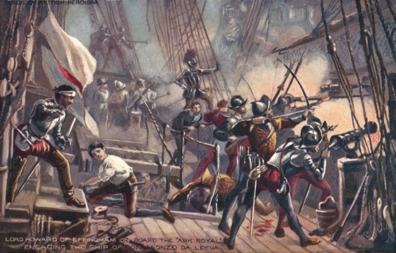 Lord Howard z Effingham na Ark Royal, angażując Don Alonso de Leyva, hiszpańską Armadę autorstwa English School