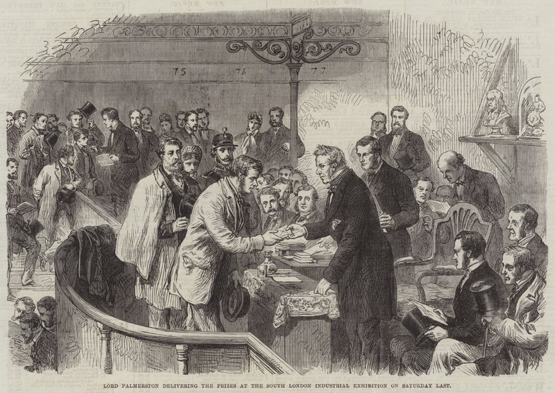 Lord Palmerston wręcza nagrody na wystawie przemysłowej w południowym Londynie w ostatnią sobotę (grawerowanie) autorstwa English School