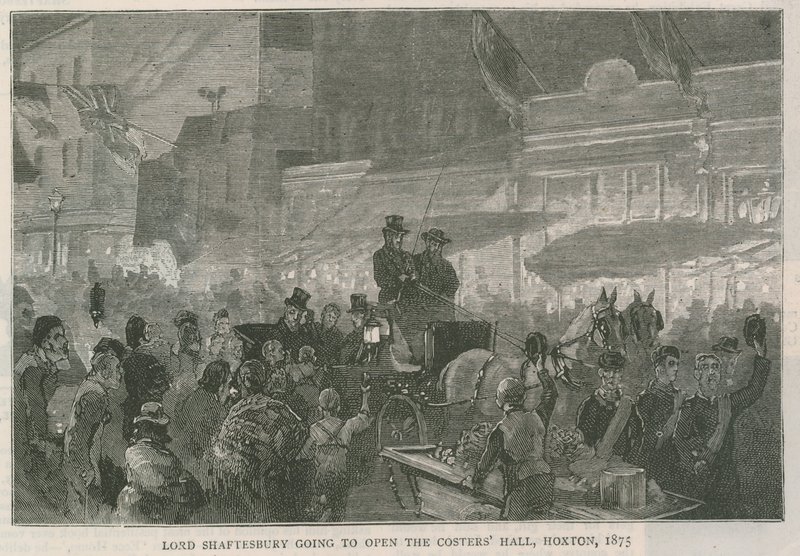 Lord Shaftesbury zamierza otworzyć Costers Hall, Hoxton, Londyn, 1875 r autorstwa English School