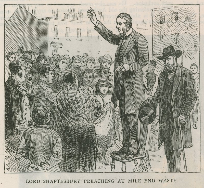 Lord Shaftesbury wygłasza kazanie w Mile End Waste w Londynie autorstwa English School