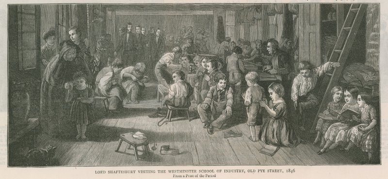Lord Shaftesbury odwiedzający Westminster School of Industry, Old Pye Street, Londyn, 1846 autorstwa English School
