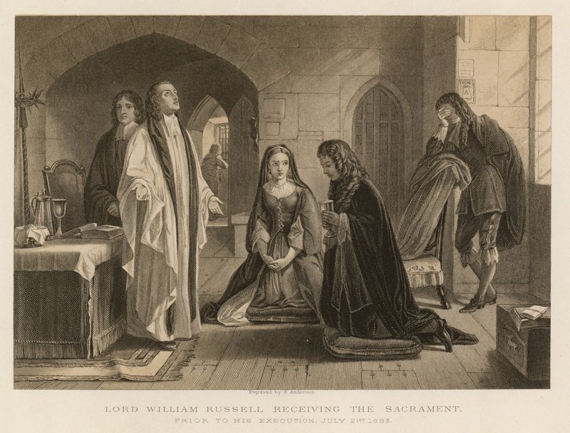 Lord William Russell przyjmujący sakrament przed egzekucją, 21 lipca 1683 (rycina) autorstwa English School