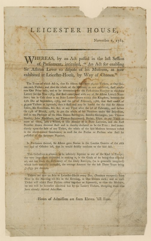 Loteria do dyspozycji Sir Ashton Levers Museum, 1784 autorstwa English School