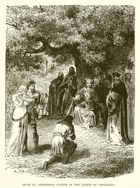 Ludwik IX wymierza sprawiedliwość w lesie Vincennes autorstwa English School
