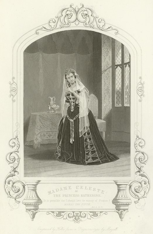 Madame Celeste jako księżniczka Katarzyna w Henryku V, akcie V, scena II autorstwa English School