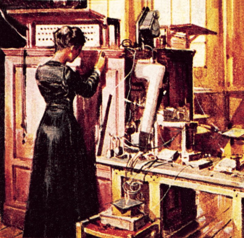 Madame Curie w swoim laboratorium autorstwa English School