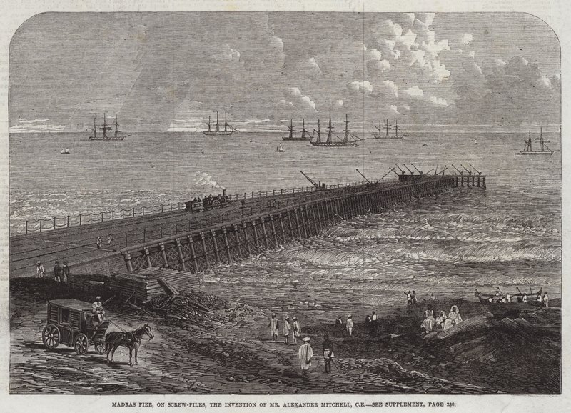 Madras Pier, na śrubach, wynalazek pana Alexandra Mitchella, CE (rycina) autorstwa English School