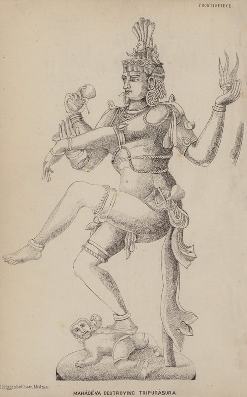 Mahadeva niszcząc Tripurasurę (grawerowanie) autorstwa English School
