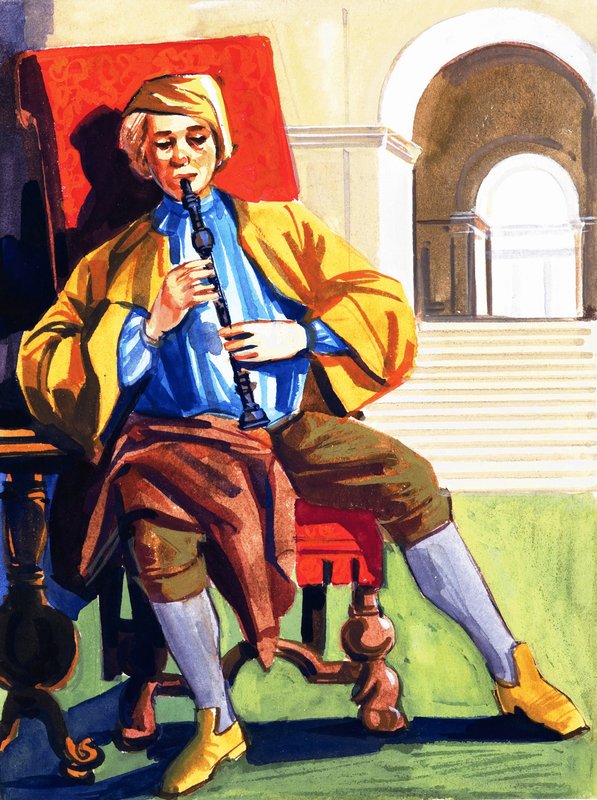 Mężczyzna grający na flecie prostym autorstwa English School