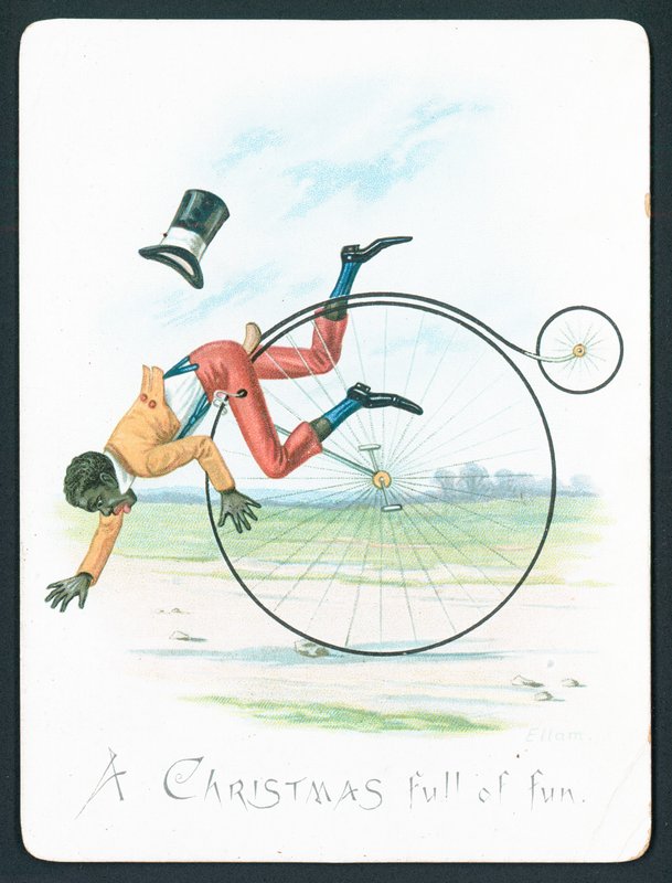 Mężczyzna spadający z Penny Farthing, kartka świąteczna autorstwa English School