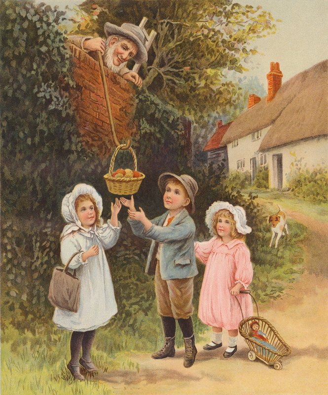 Mężczyzna opuszczający kosz owoców do dzieci (chromolitho) autorstwa English School