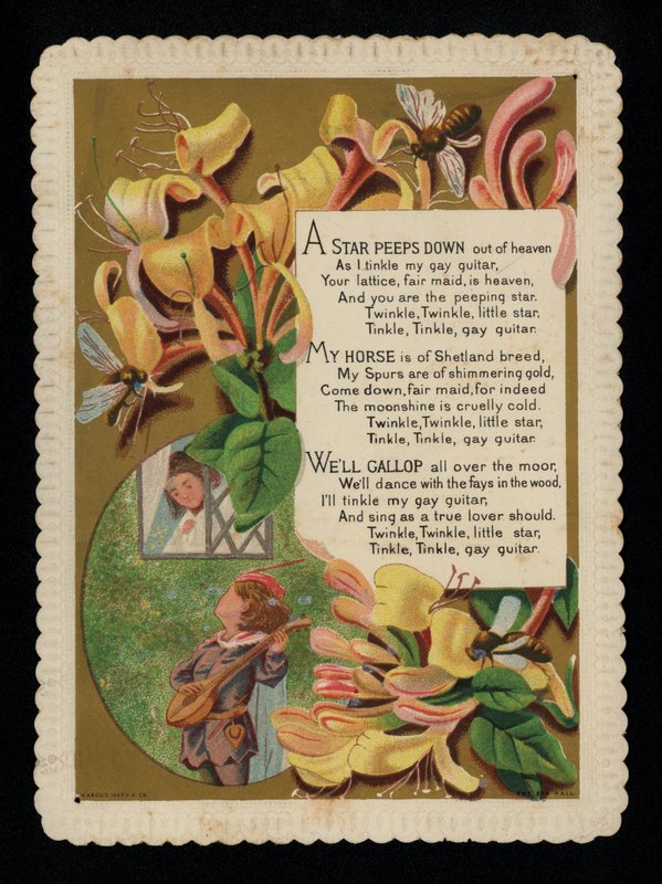 Mężczyzna śpiewający serenady do swojego kochanka i wiciokrzewu, kartka z życzeniami (chromolitho) autorstwa English School